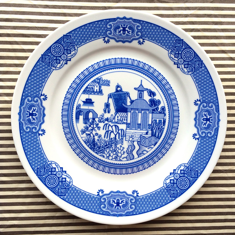 Illustration for article titled Sci-fi Chinese porcelain plates show giant robots and alien invasions